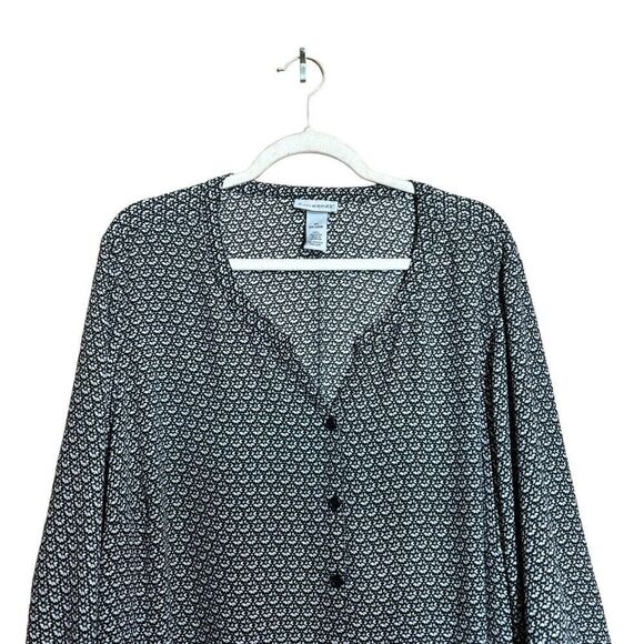 Catherines Top Womens 3X 26 28W Black White Print Sheer Button Up Blouse Ladies - Picture 2 of 7